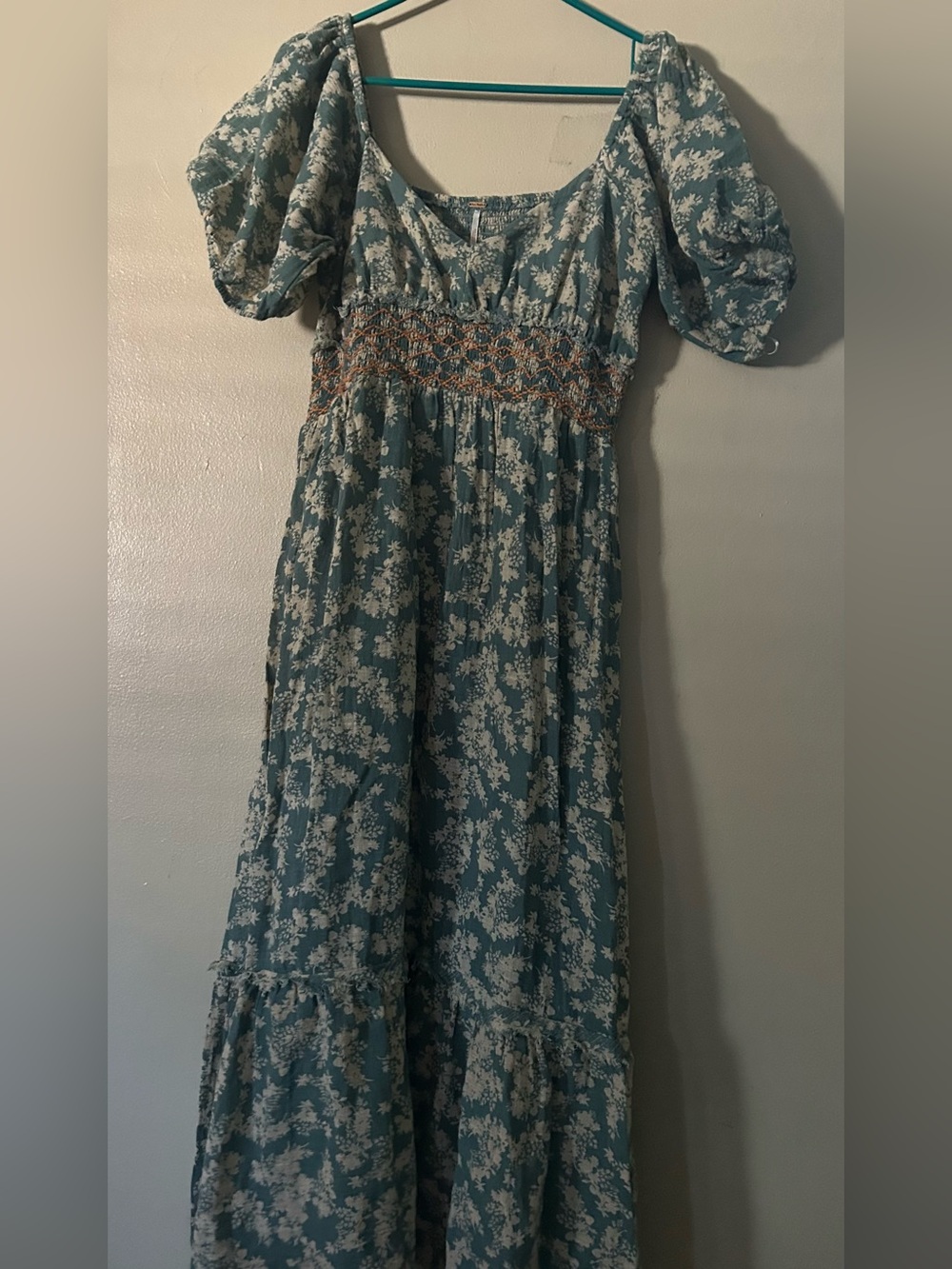 Free People Teal and Cream Smocked Maxi Dress